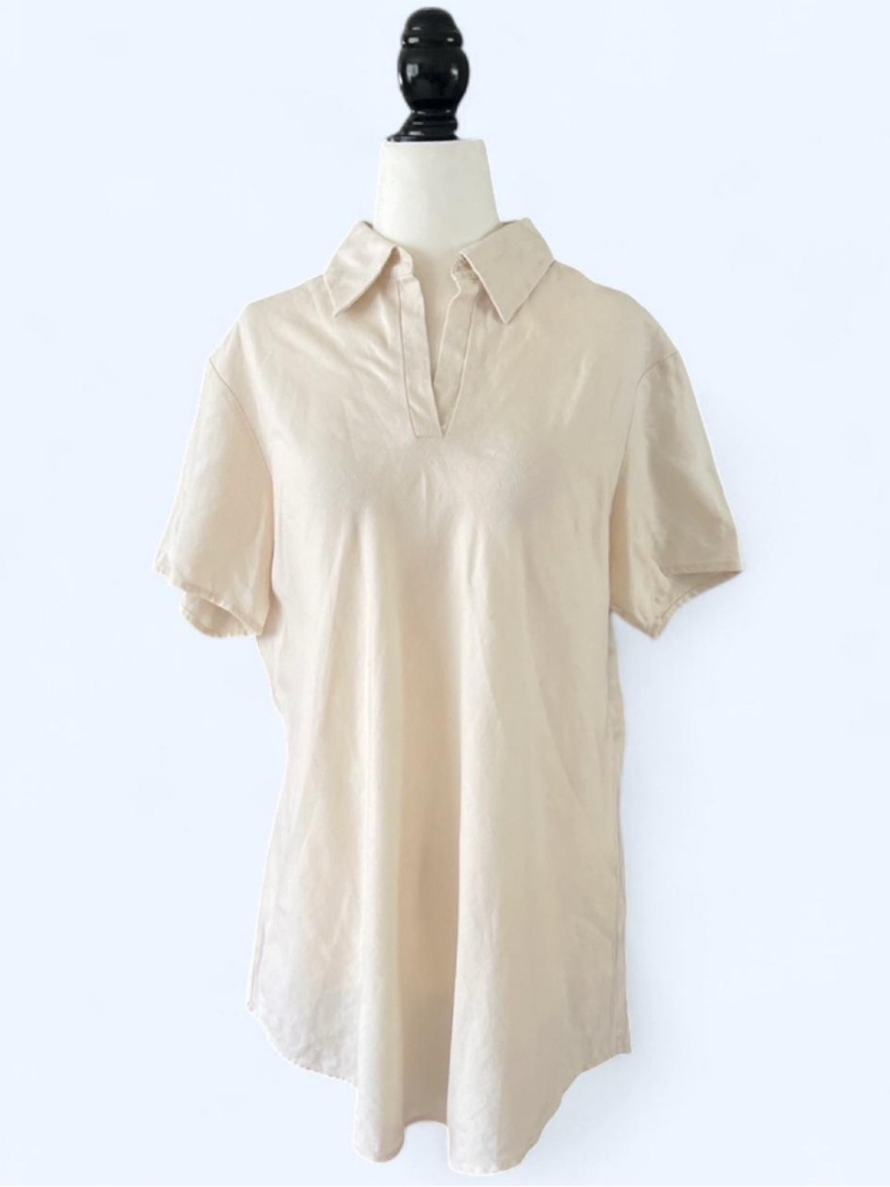 Splash Woman Cream 100% Linen Short Sleeve Collared Polo Tunic Top 18